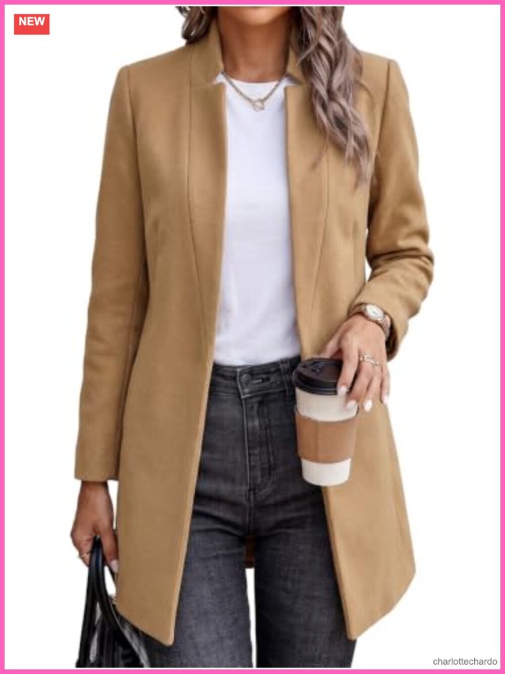 Womens Long Wool Blend Pea Coat Open Front Overcoat with Pockets
